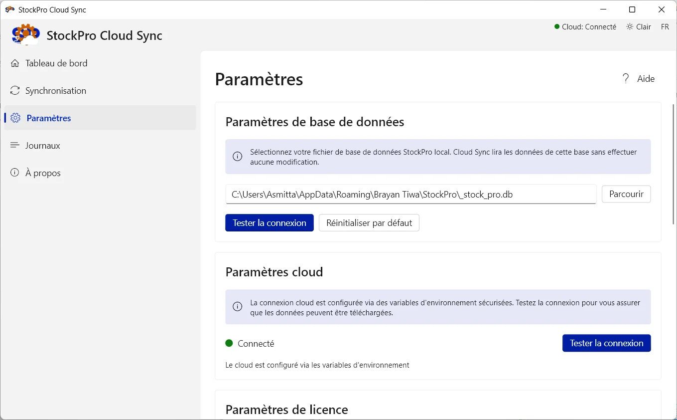 Paramètres de StockPro Cloud Sync
