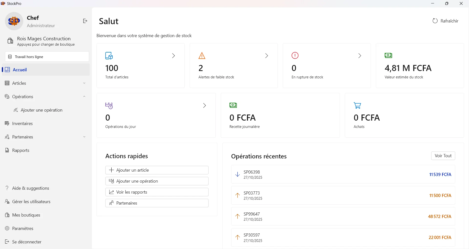 Tableau de bord StockPro